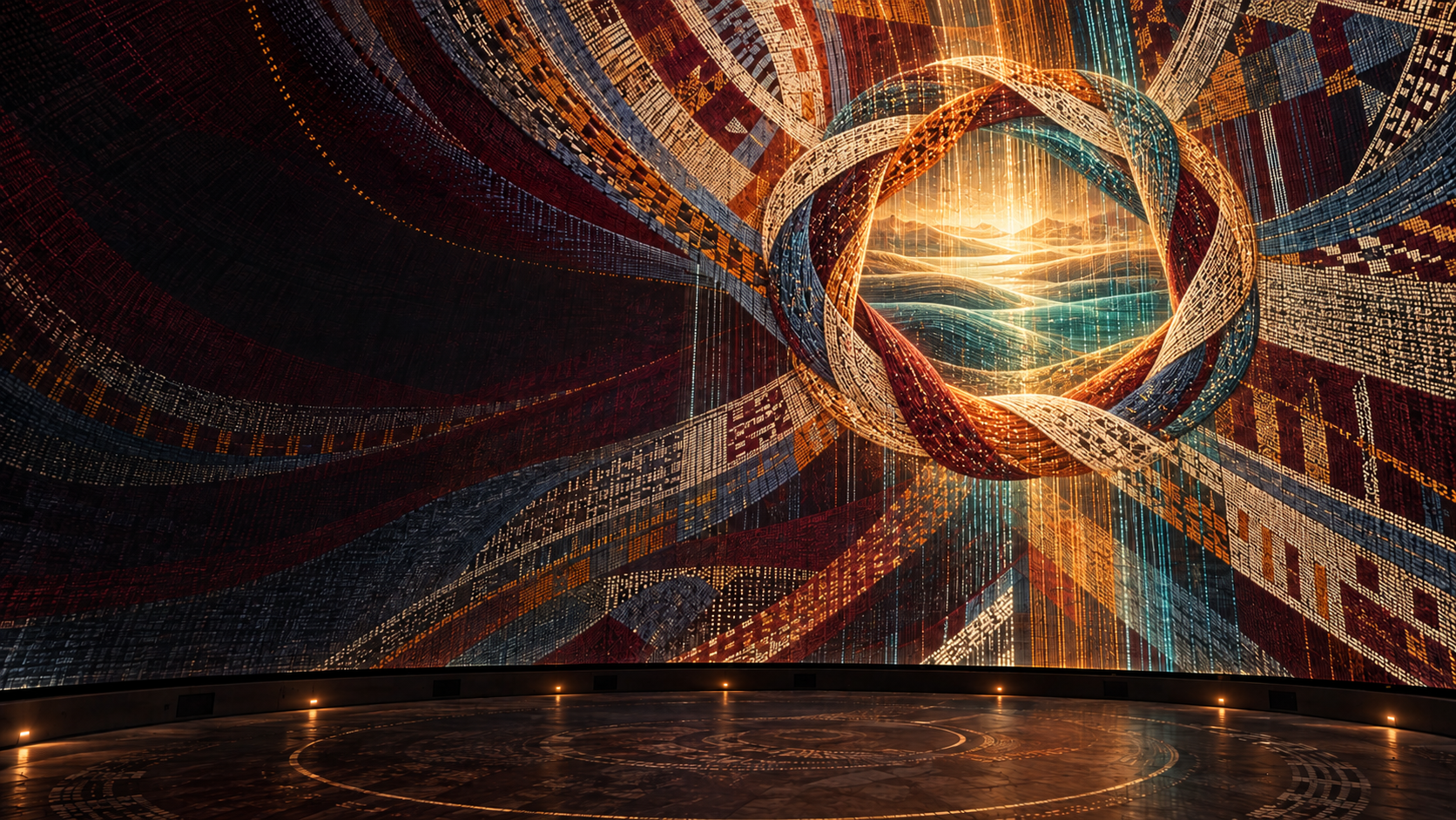 Braided woven bands forming an open luminous circle over an abstract land-and-water field in a full-dome projection