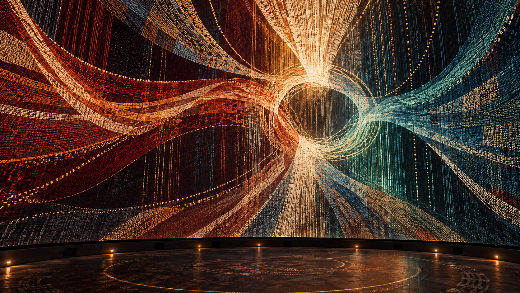 Interwoven fields of warm and cool light converging at the centre of a dome projection