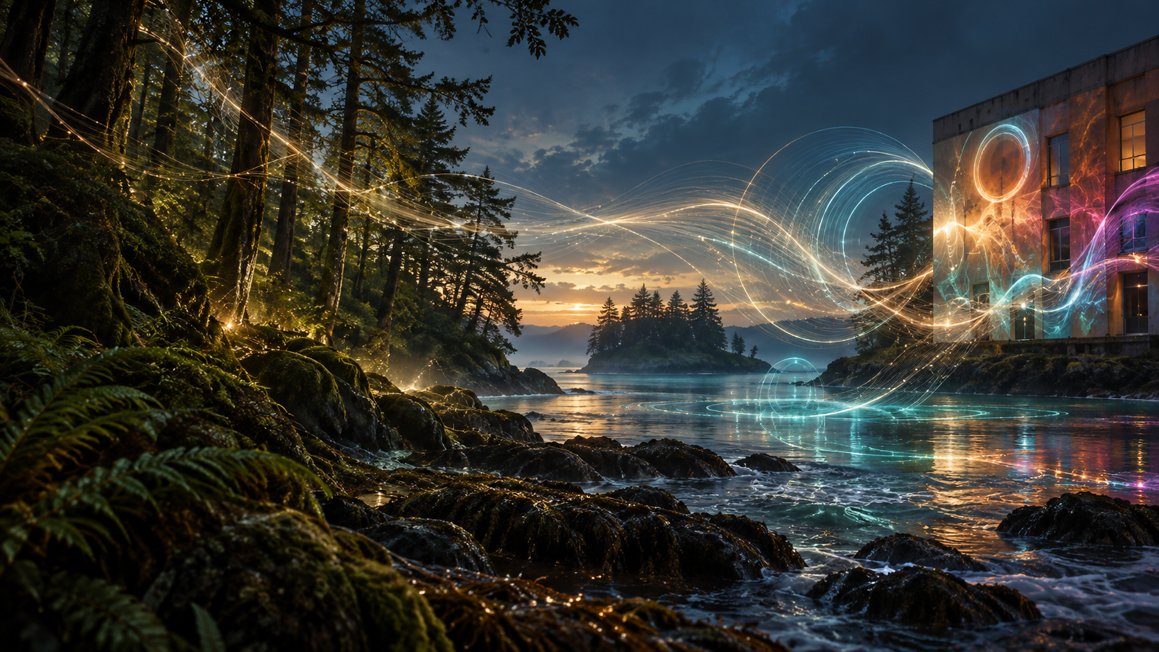 A luminous thread linking forest, tidal water and immersive projection