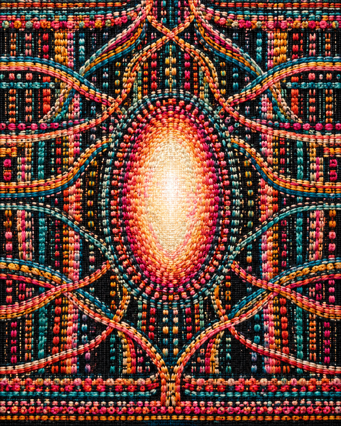 Vibrant stitched pathways converging around an open central field