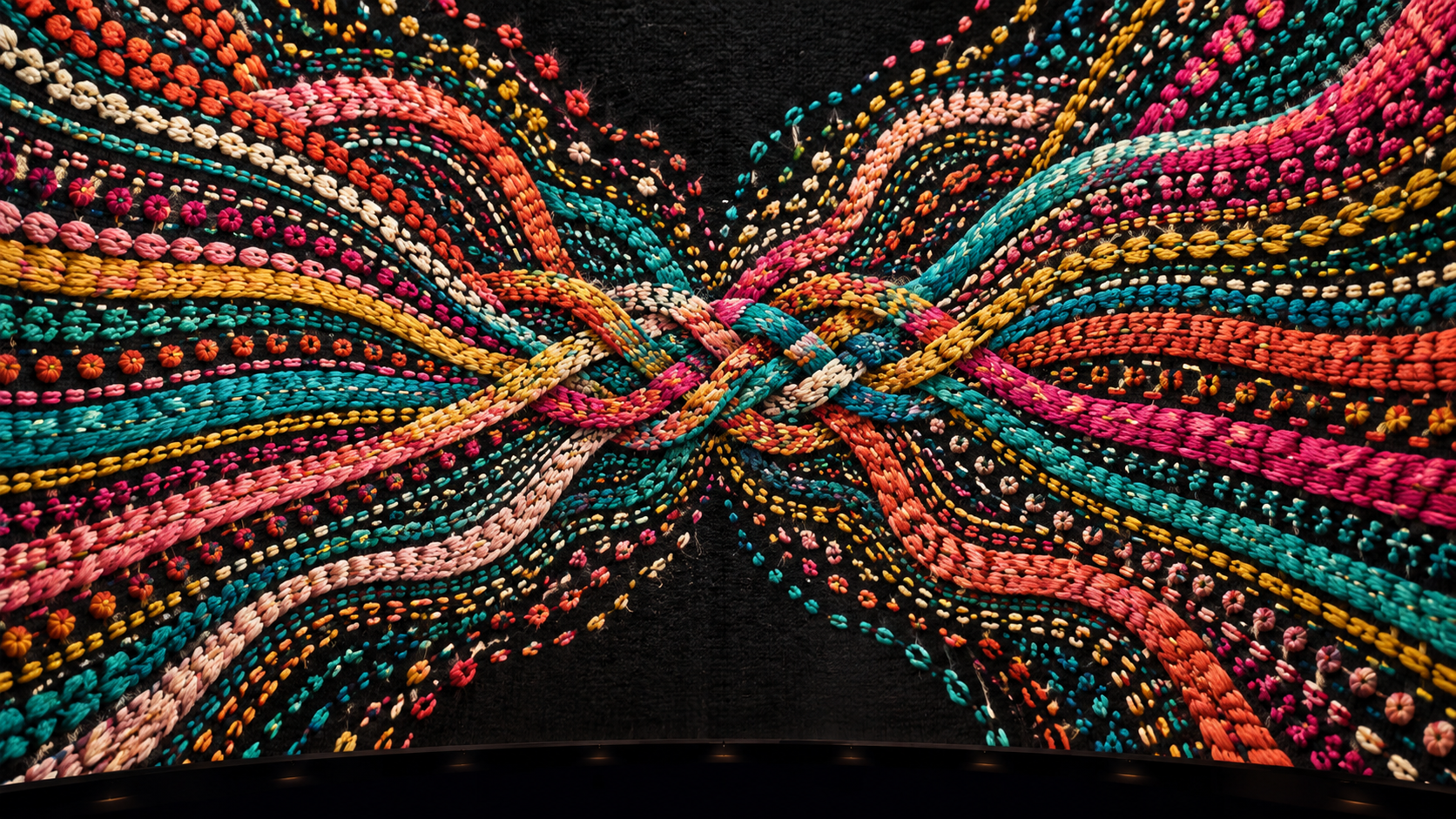 Vibrant stitched pathways crossing and gathering within the curve of a dome