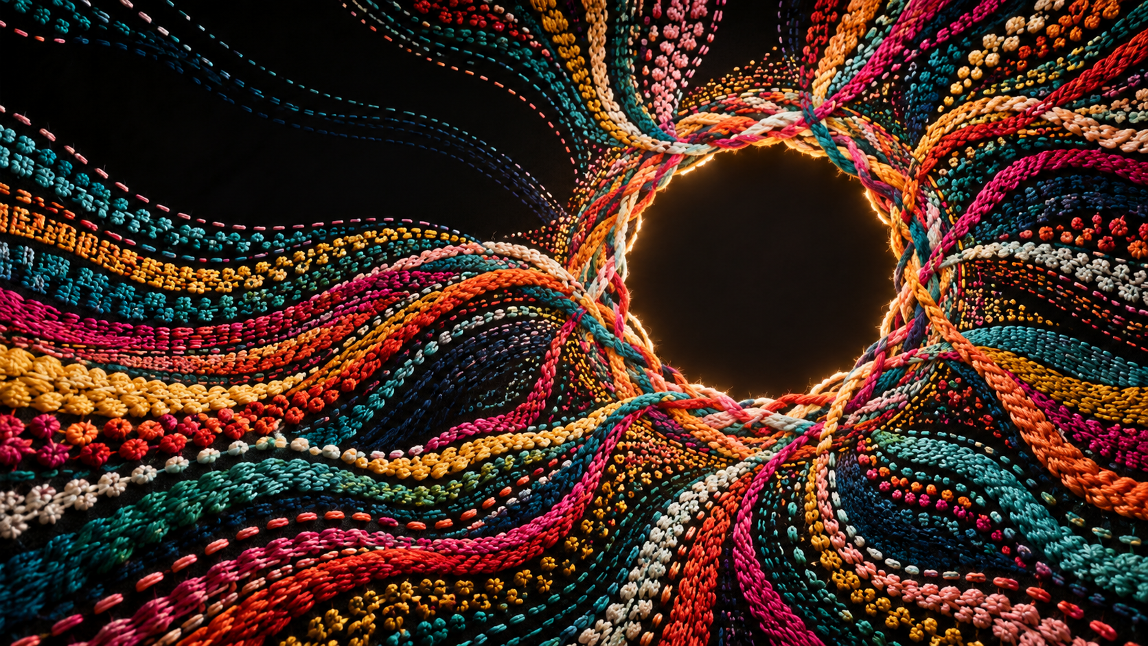 An original stitched field of vibrant threads forming an open circular space
